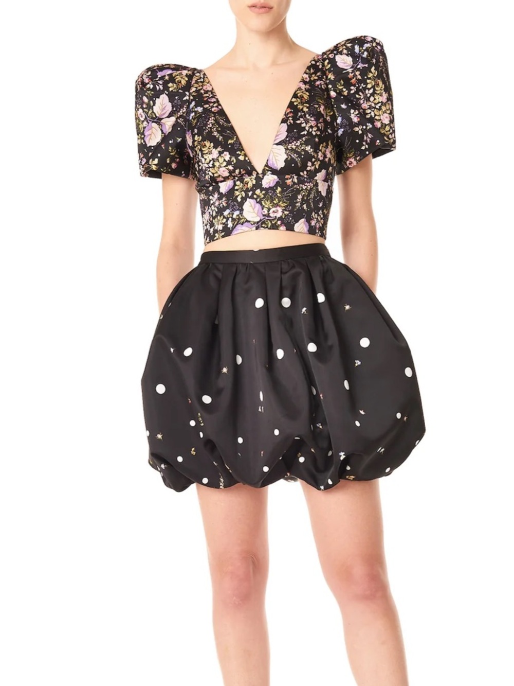 Amur Sedona Black Floral Print Puff-Sleeve Cropped Top Size 2